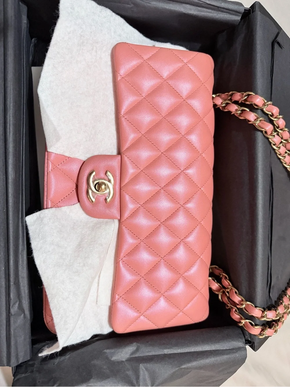 CHANEL Quilted Shoulder Bag in Coral Pink with Gold Hardware